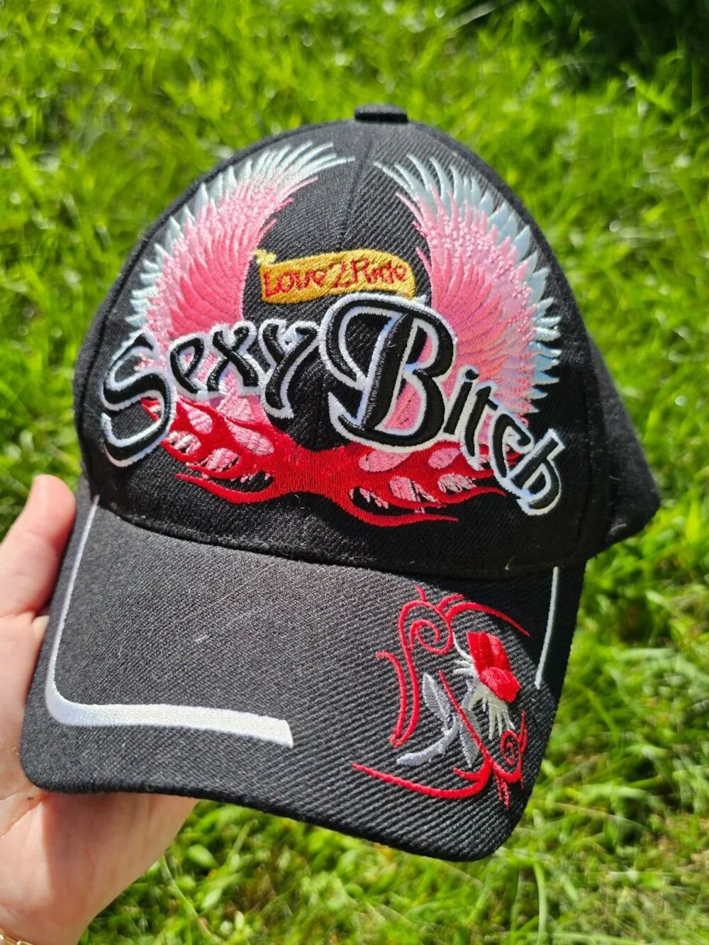 y2k Bikercore Baddie McBling Biker Chic Flames, Wings, Black & Pink Baseball Hat - Picture 2 of 5